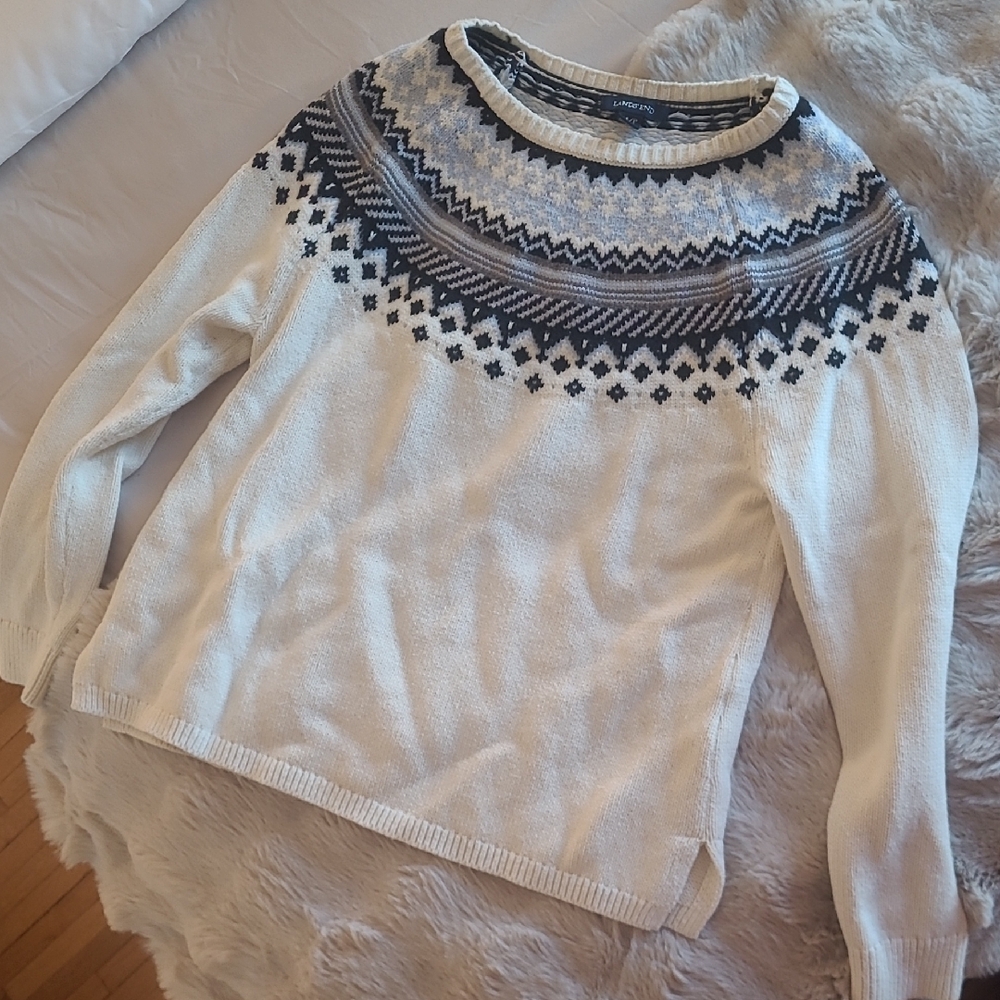 Lands' End Women's Fair Isle Sweater - Cream and Black